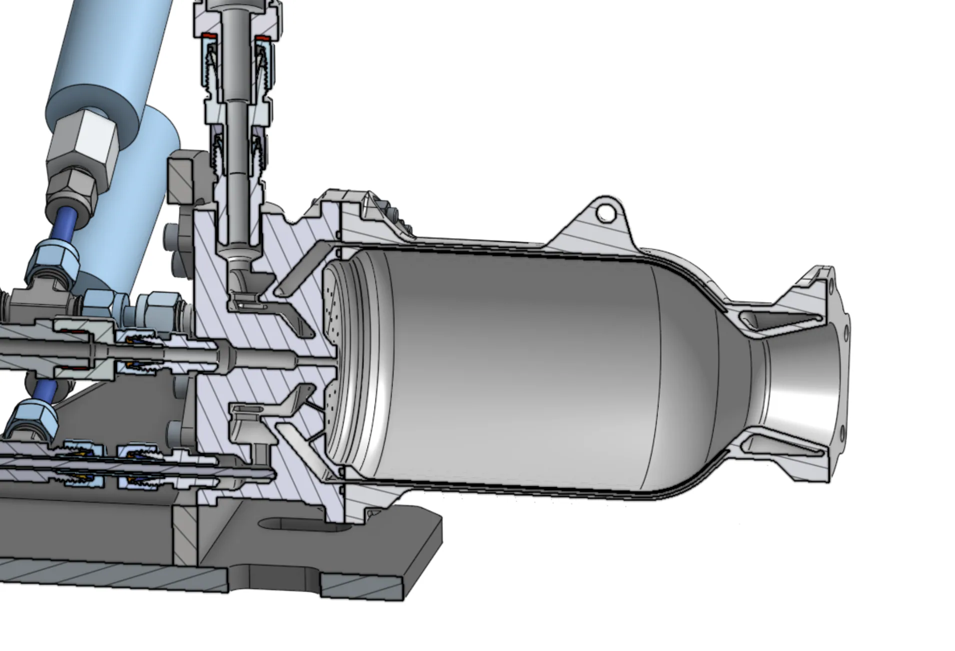 Cross-sectional CAD view of the Kimchi engine with feed fittings and internal structure.
