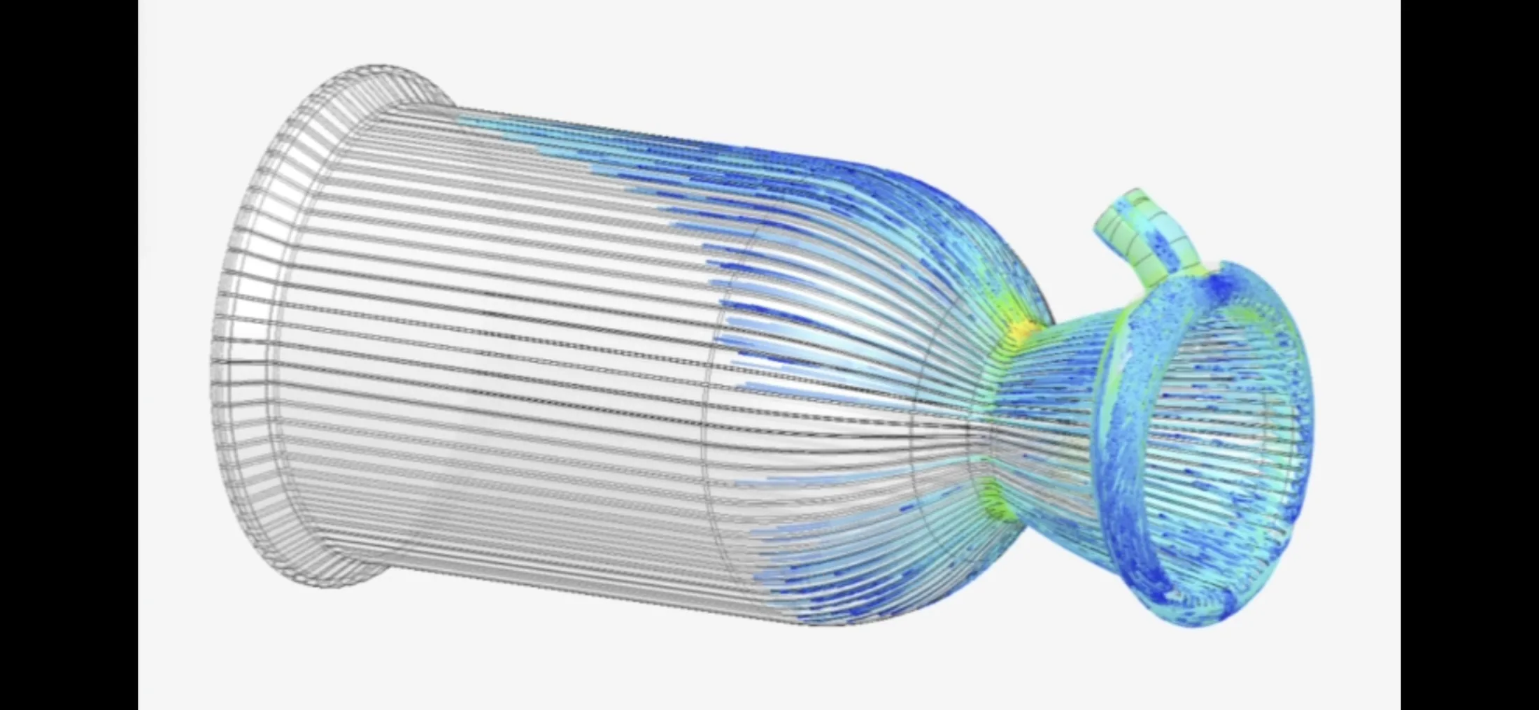 Simulation view with blue and green flow lines moving through a transparent manifold geometry.