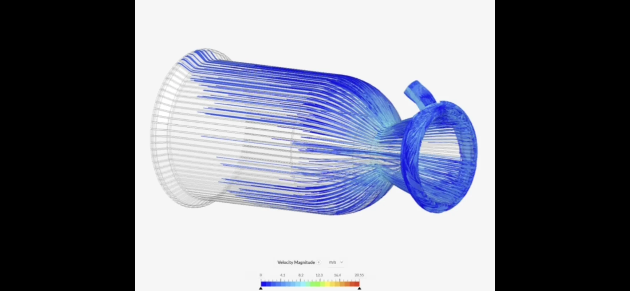 Flow-analysis view showing long blue streamlines through a transparent manifold component.