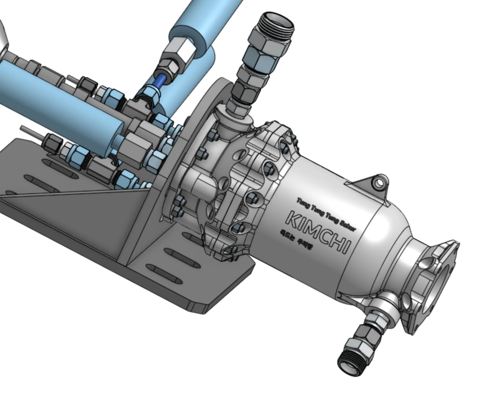 Three-dimensional CAD rendering of the final cylindrical engine assembly with attached pipes and brackets.