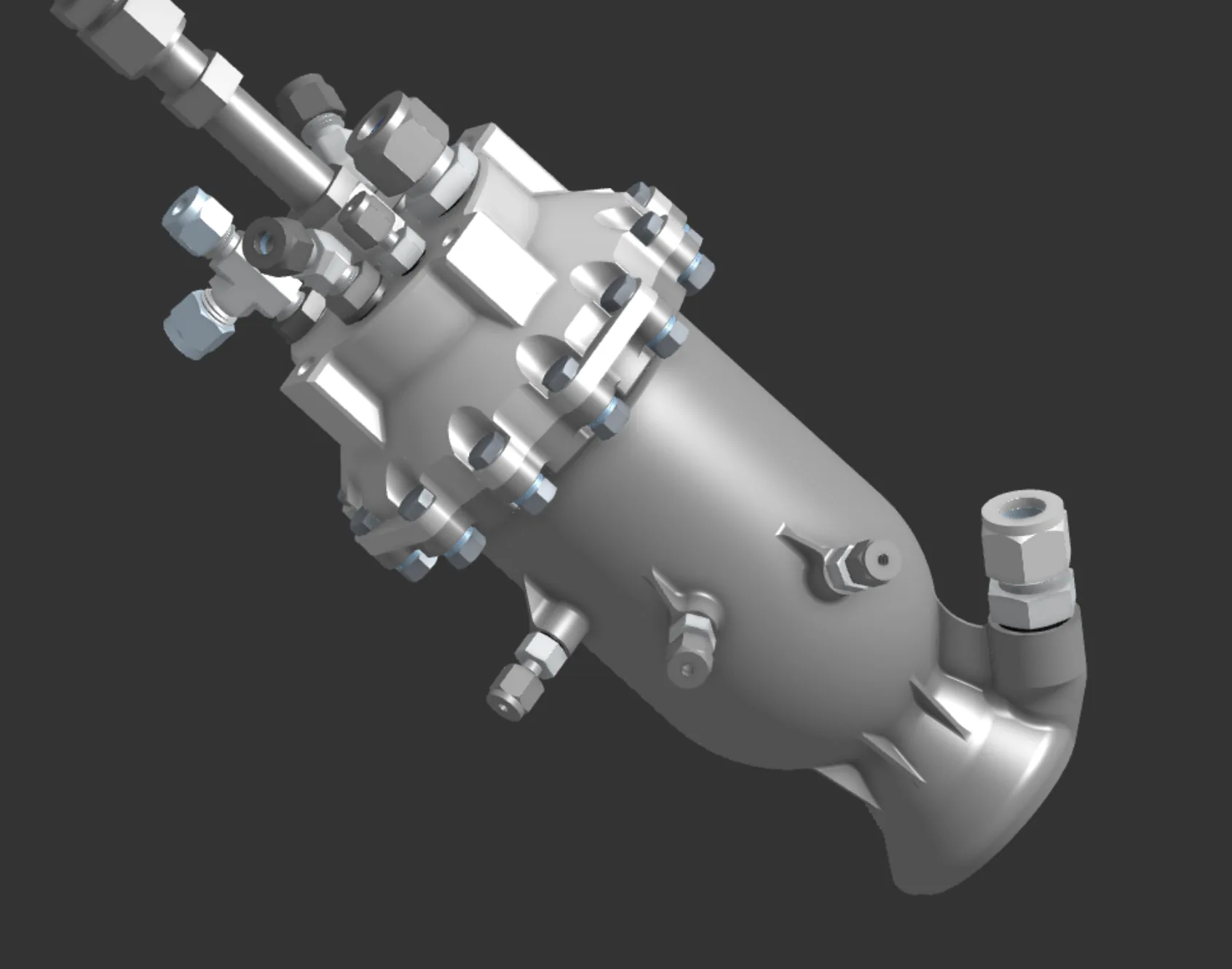Three-dimensional CAD rendering of the early V1 engine concept with valves and fittings.
